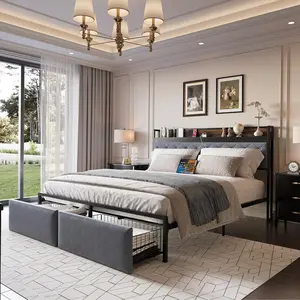 【Christmas Gift】Gray King Bed Frame with RGB LED Lights Headboard and 2 Storage Drawers Storage Headboard Upholstered Platform Bed with USB Ports and Outlets Noise Free No Box Spring Needed Grey