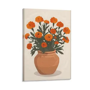 Vintage Marigolds in Olla De Barro Wall Art, Mexican Antique Botanical Prints Poster Canvas Poster Bedroom Decor Sports Landscape Office Room Decor Gift Frames Ornaments Artistic Decoration Photo Frame-Style