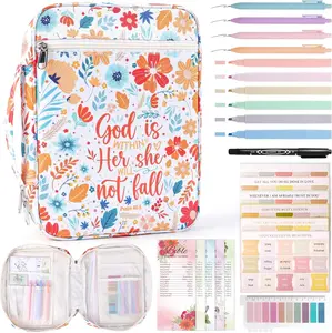 Bible Cover Case for Women Bible Bag with Handle, Pens & Tabs, Study Supplies Carrying Case Organizer Portable Church Book Holder