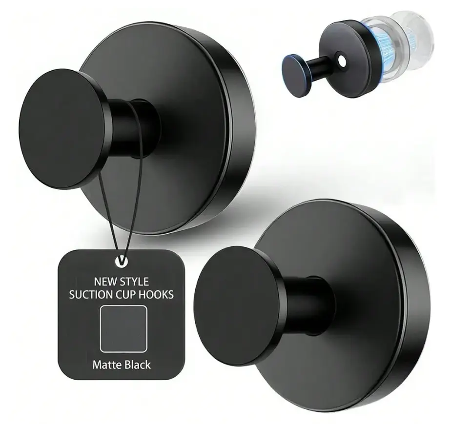 2-Pack Stainless Steel Suction Cup Hooks – No-Drill Black Hooks For Shower, Bathroom, Kitchen, Mirrors, Glass, Tile – Holds Up To 11 Lbs, For Towels, Robes, And Décor