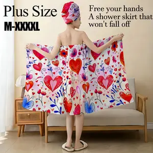 Large Size Watercolor Heart Floral Butterfly Print Bathrobe Set, Adjustable Ultra-Fine Fiber Bath Wrap, Women M-XXXXL, Ideal for Spa, Bathroom, Gifts