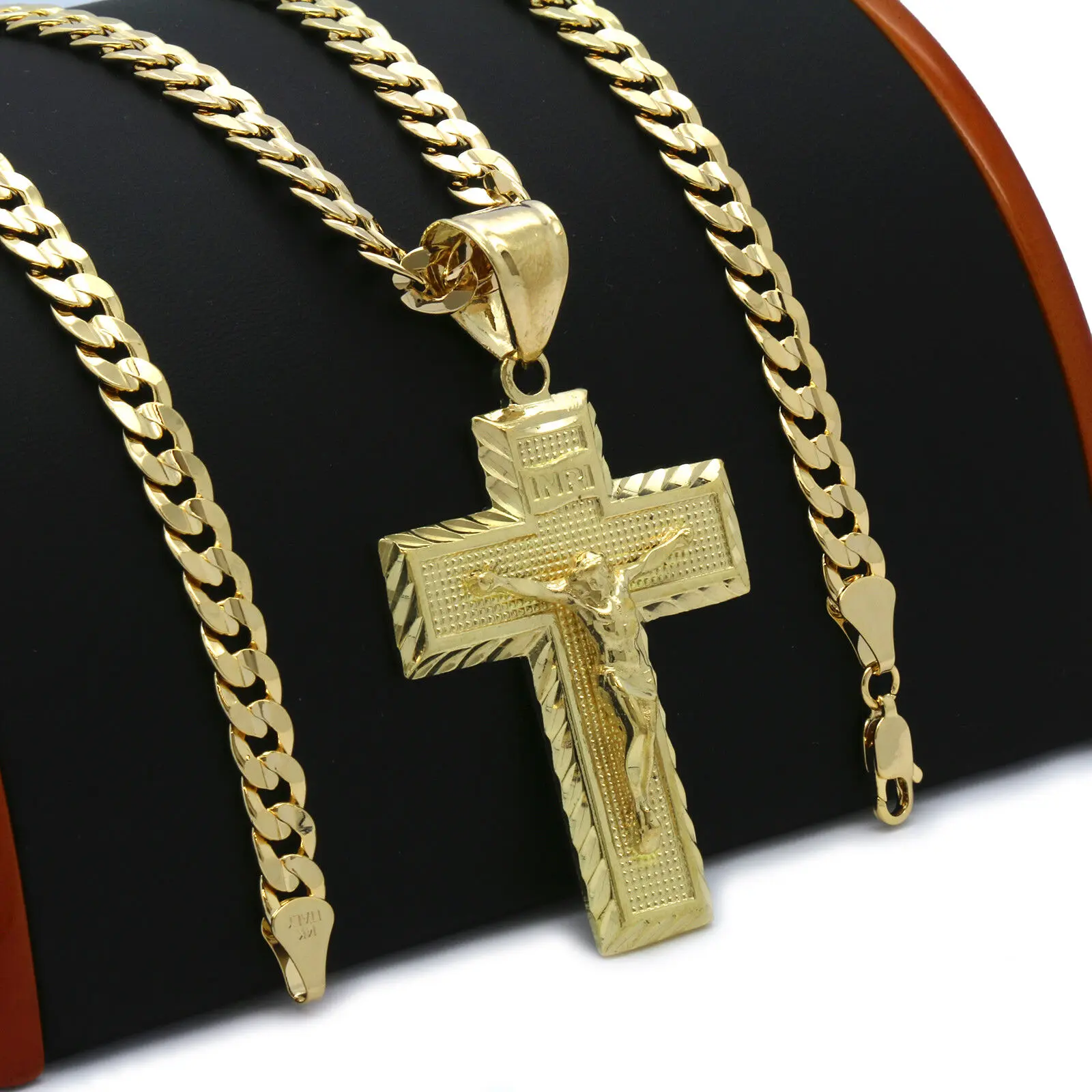 MaxBling81 Fashion Cross Pendant, Brass Gold-Plated Jesus Crucifix Religious Charm with 5mm 14K Stamped Cuban Chain Necklace (20" or 24") for High-End Costume Jewelry Accessories