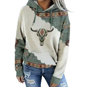 Women's Highland Bull Head Print Aztec Hoodie Pullover Cowgirl Western Hooded Sweatshirt