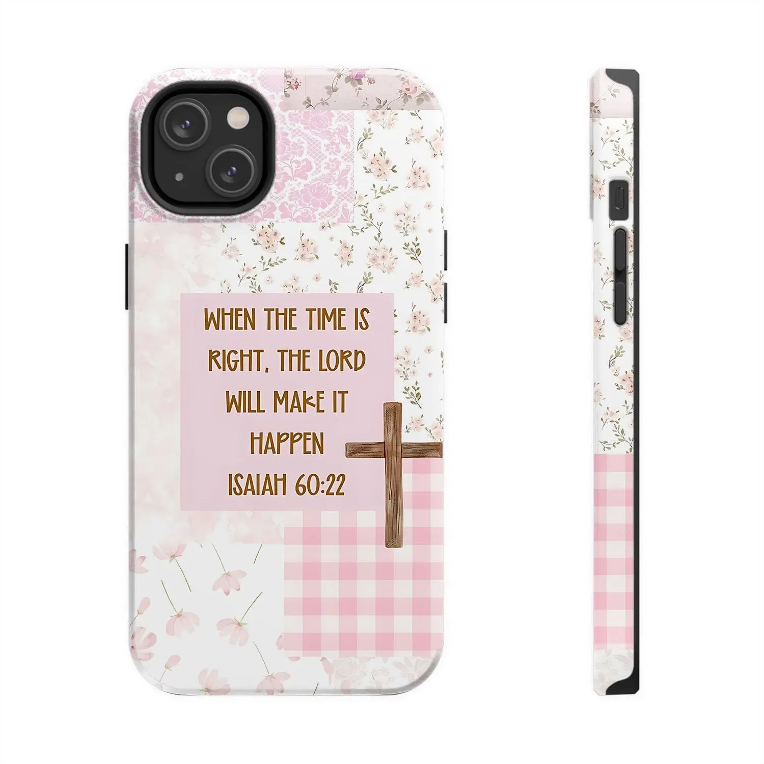 Faith-Themed Tough Phone Case, Pink Cottagecore Patchwork Cross Bible Verse Design, Compatible with iPhone 11-17 Series & Samsung Galaxy S21-S26 (White Shell)