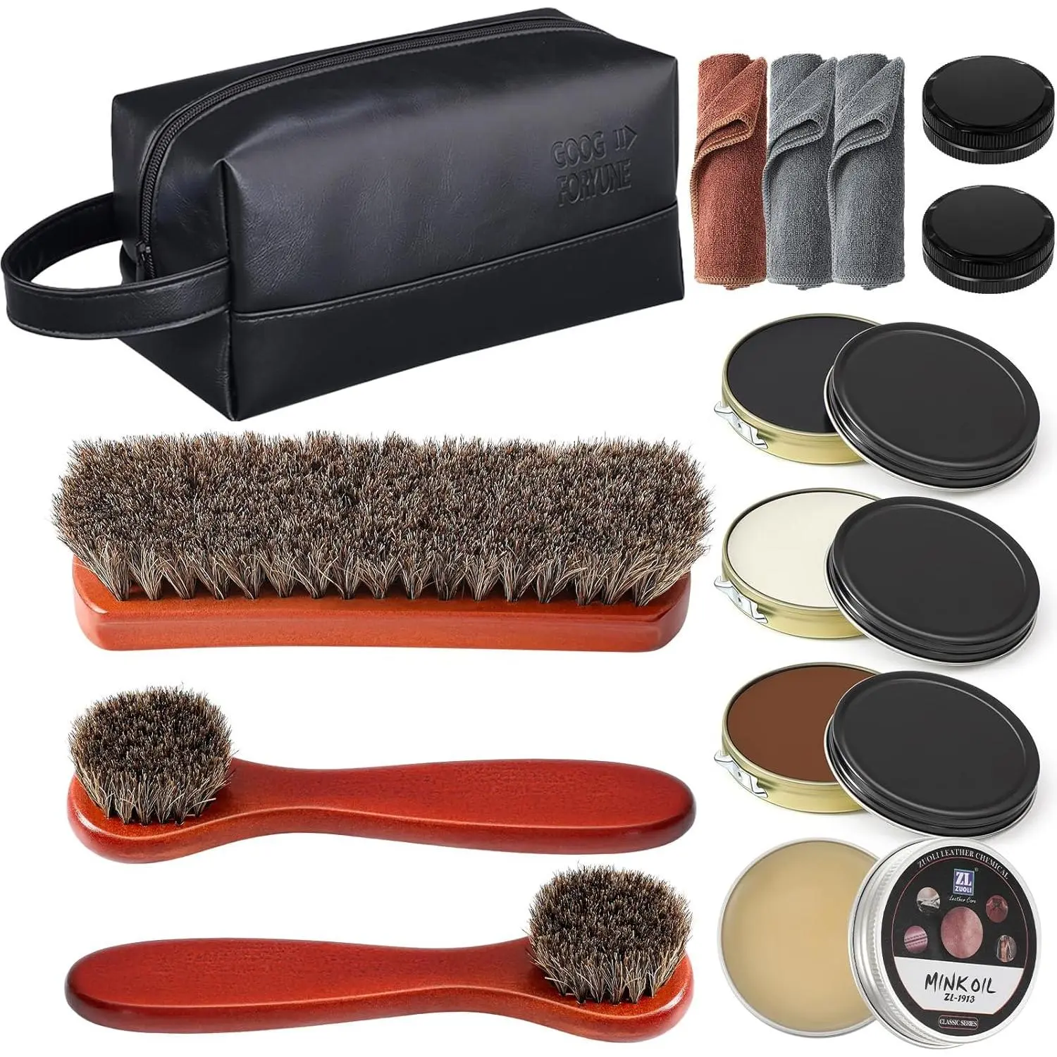 13 count Shoe Polish Kit, Leather Boot Care Kit for Men, Black Shoes Shine Kit for Cleaning with PU Storage Bag