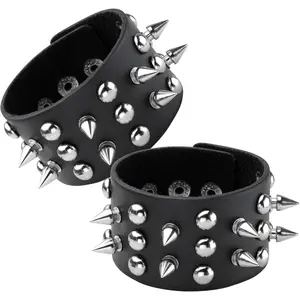 2 count Spike Studded Rock Punk Biker Wide Strap Leather Bracelet Set Gothic Rivet Buckle Wristband for Men Women