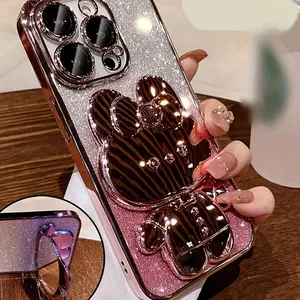 Glitter Electroplated Phone Case With Cute Rabbit Hidden Mirror Stand, Shockproof Slim Protective Cover Compatible With Smartphones 11-17 Pro Max