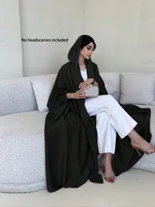 Women's Solid Batwing Sleeve Satin Abaya, Modest Fashion Long Sleeve Open Front Muslim Robe for Daily Wear, Ladies Islamic Clothing for All Seasons