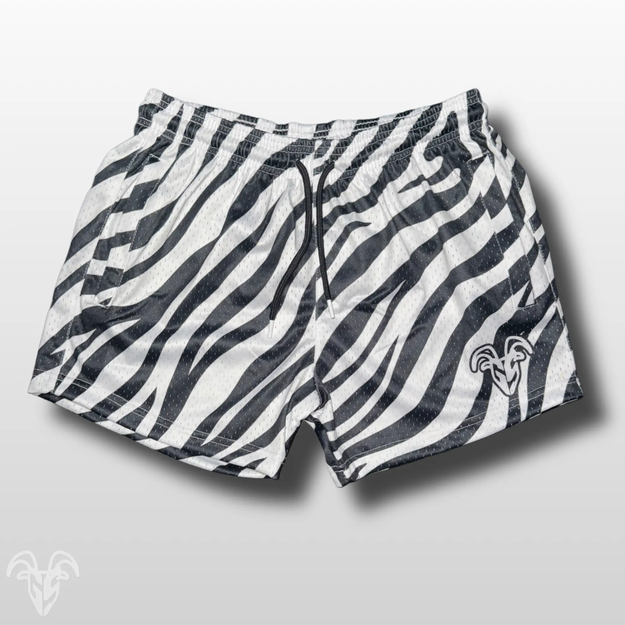 Goat Strength Zebra Print 5” Inseam Mesh Shorts – Unisex Athletic Workout Shorts with Zipper Pockets