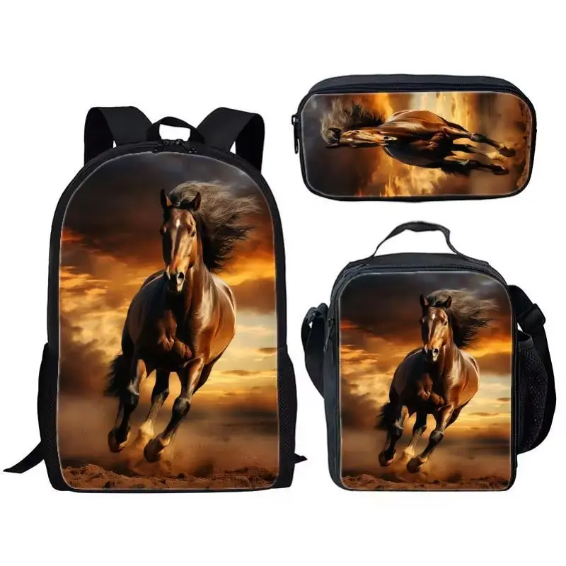 Horse Print Unisex 3-Piece Functional Bag Set for Kids-Youth - Large Capacity Backpack, Meal Pack, Pen Bag with Oxford Fabric, Adjustable Straps for School/Travel