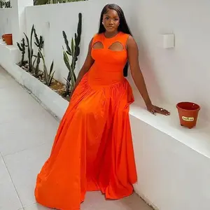 New & Cute Round Neck Hollow-Out Slim Fit Sleeveless Maxi Dress, Casual Polyester