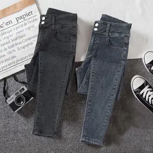 Women’s Stretch High-Waist Double-Buckle Skinny Jeans — New Arrival for Spring, Autumn, and Winter, Korean Style, Slim Fit, Versatile Ankle-Length Pencil Pants