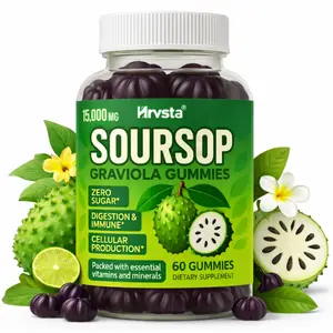 Max-Strength Soursop Graviola Gummies made with soursop leaf extract, plus sea moss and turmeric to support cell repair, immunity, liver health, and antioxidant protection. Sugar-free, gluten-free, vegan formula — 60 soursop gummies per bottle.