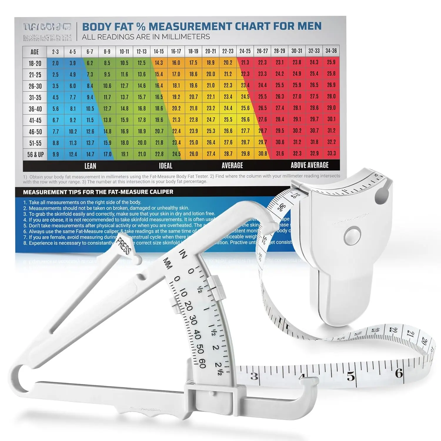 Body Fat Caliper and Measuring Tape for Body - Skinfold Calipers and Body Fat Tape Measure Tool for Accurately Measuring BMI Skin Fold Fitness and Weight-Loss - New Upgraded Design (White)