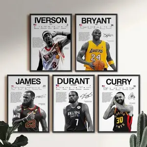 Set Of 5 Iverson, Kobe, LeBron, KD, Curry Poster, Basketball Sports Wall Art Poster HD Print Unframed Aesthetic Room Home House Modern Wall Decor Trendy Gift.