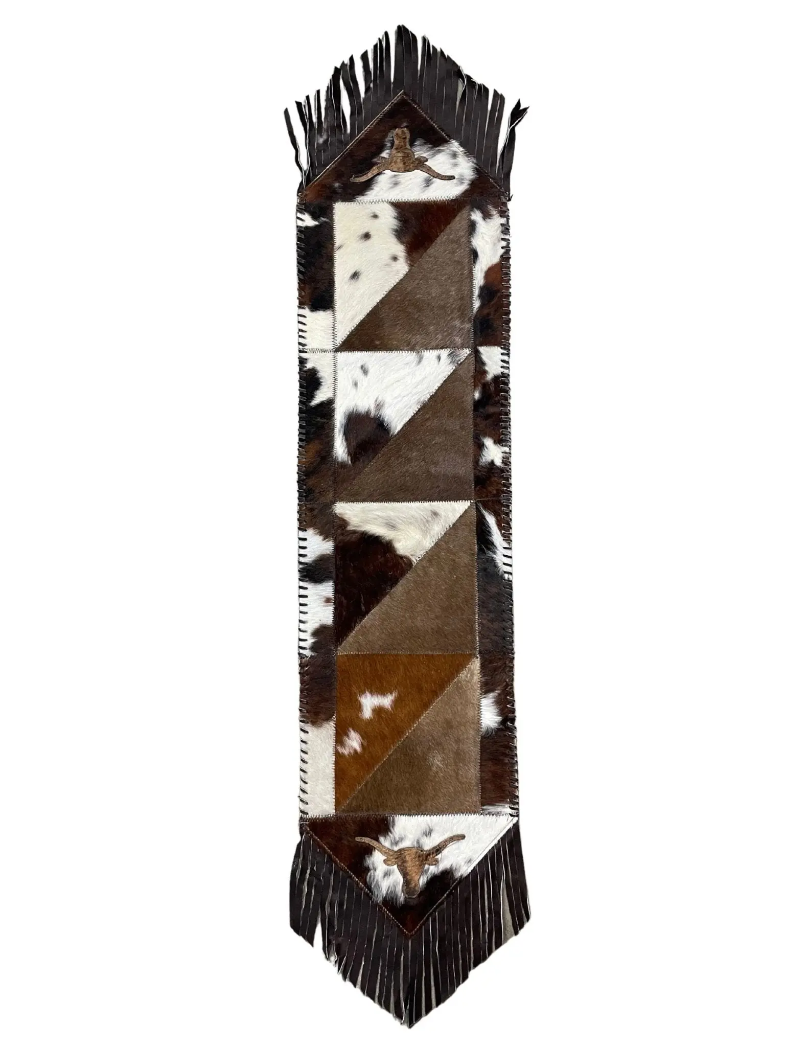 Cowhide Hair-On Table Runner Tricolor | Patchwork Fringe Design with Longhorn