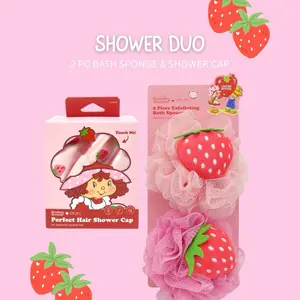 Strawberry Shortcake Shower Duo Set 2 PC Bath Sponge with large Strawberry and Strawberry Print Shower Cap