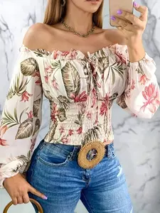 Elegant Women's Floral Print Off-Shoulder Long Sleeve Top, Holiday Style Ruched Waist Blouse, Shirts, Fashionable Ladies' Casual Wear, Fit