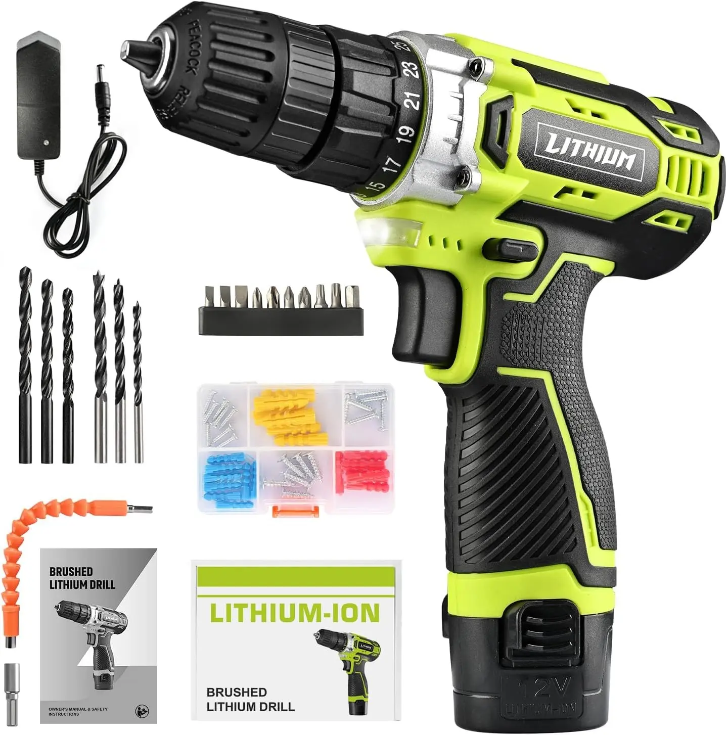 12V Cordless Drill Set - Includes Battery Charger, Electric Driver, Drill Bits, with 1-Key Forward and Reverse Switching