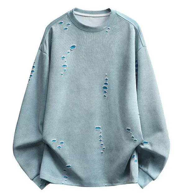 Men’s solid crew neck long-sleeve sweatshirt has multiple ripped hollow-out details on the surface. With vintage trendy street style and comfortable fabric, it fits daily outfits and casual trips.