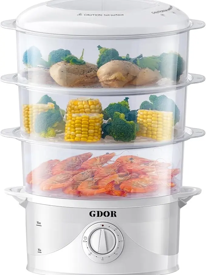 GDOR 3-Tier Electric Food Steamer, 800W Stackable Vegetable Steamer with 9.6 QT Capacity, 60-Minute Timer, Boil-Dry Protection, Dishwasher-Safe Trays, BPA-Free, White