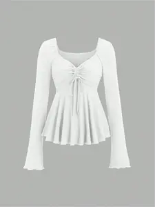 New Women's V Neck Long Sleeve Top, Drawstring Chest Design, Ruched Waist, Solid Color, Slimming Fit, Casual Fashion