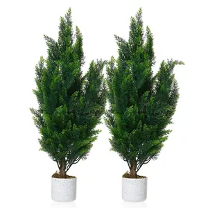 Garvee Set of 2 Realistic Artificial Cedar Topiary Trees – 3FT UV Resistant Faux Spiral Pine Shrubs in Cement Planters, Perfect for Indoor & Outdoor Porch, Entryway, and Office Decoration