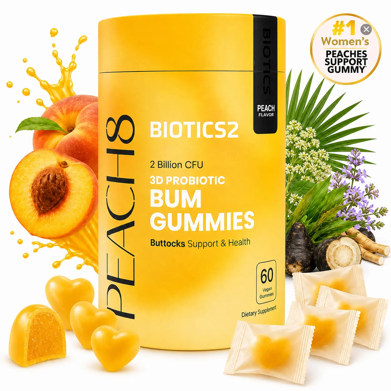 BIOTICS2 Peach8 Peach Support Gummies for Women, Black Maca + 8 Vitamins, Probiotic & Prebiotic, Fitness & Daily Wellness, Vegan, 60 Count