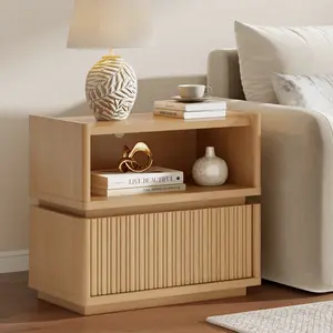 Sikaic Modular Fluted Nightstand with Open Compartment and Drawers, Combinable Bedside Table, Wooden Side Table, Multi-Purpose Storage Cabinet for Bedroom, Living Room, Entryway, Natural Oak