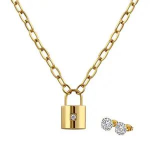 Stately Steel CZ Padlock Necklace and CZ Stud Earring Set