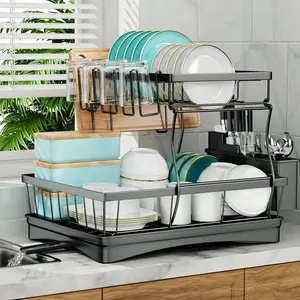Large 2-tier dish drying rack for kitchen countertops, removable large-capacity dish draining rack Space-Saving Multifunctional Dish Rack Self-Draining Kitchen Sink Organizer Metal