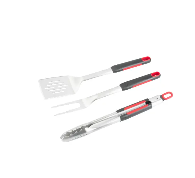 Stainless Steel BBQ Tool Set with Soft Grip Handles - 3 Pcs, Includes Tong, Spatula, Fork, Complete for Easy Cooking