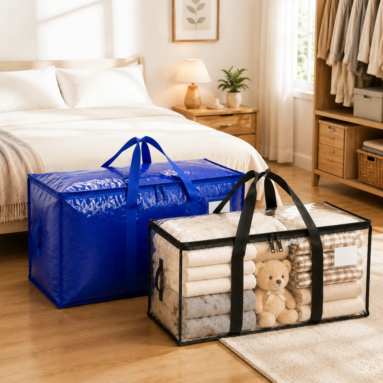 Large Capacity Waterproof Clothes Storage Bag With Handle & Clear Window, Moving Organizer Tote For Quilts Blankets Clothing Bedding Household Storage Bag