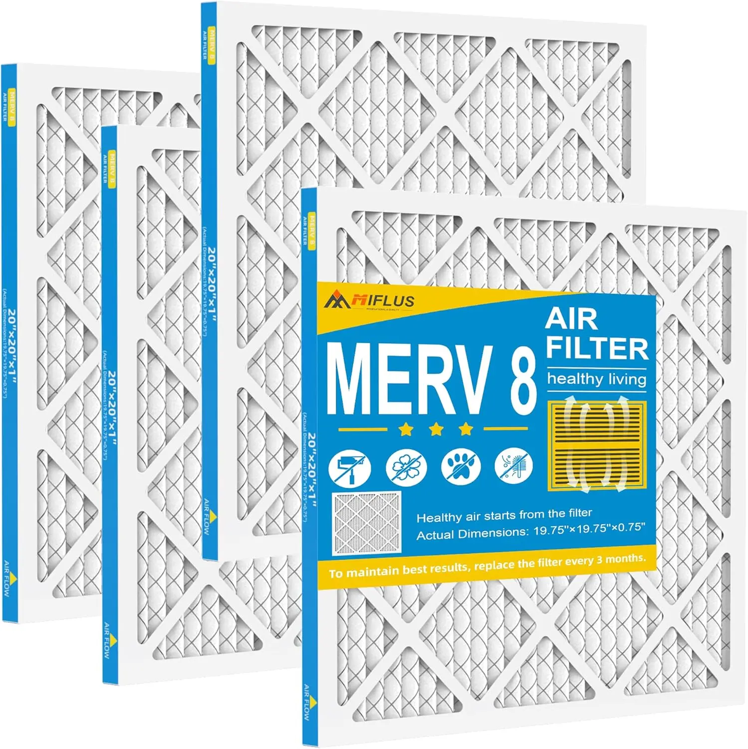MERV 8 20x20x1 HVAC Air Filter, 4 Pack Furnace Air Filter for Residential Use, Dust Defense Allergen Control, Long-Lasting Pleated