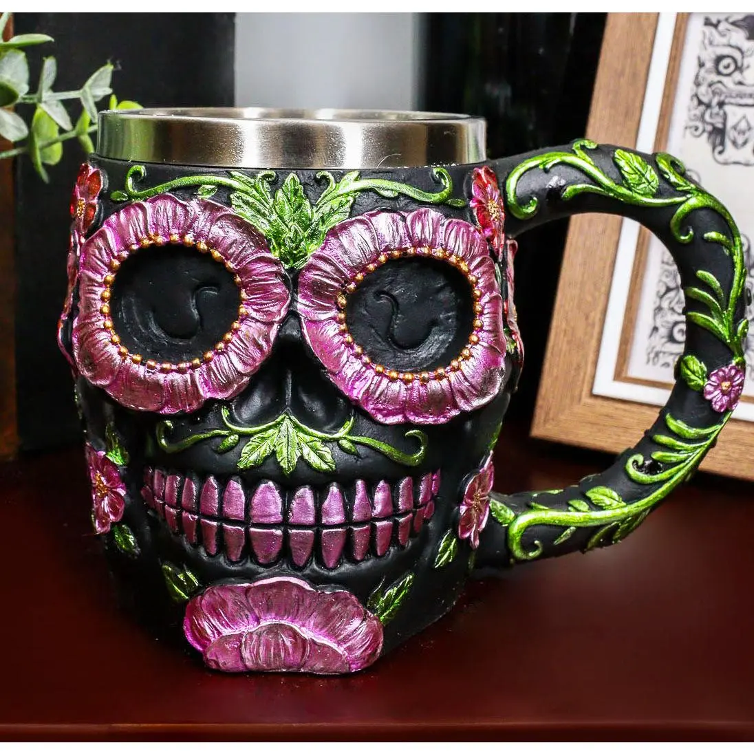 Ebros Gift Exclusive Gothic Stainless Steel Colorful Floral Black-Red-Pink-Green Day of The Dead Sugar Skull Mug, 12 Oz, Party Prop