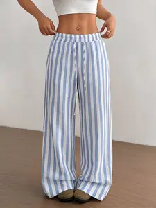 TikTok Viral Blue White Striped Wide Leg Pants - High Waist Drawstring Linen Blend Trousers, Casual Loose Fit for Summer Beach, Vacation & Everyday OOTD, Lightweight Breathable Flowy Pants for Women, Drawstring High Rise