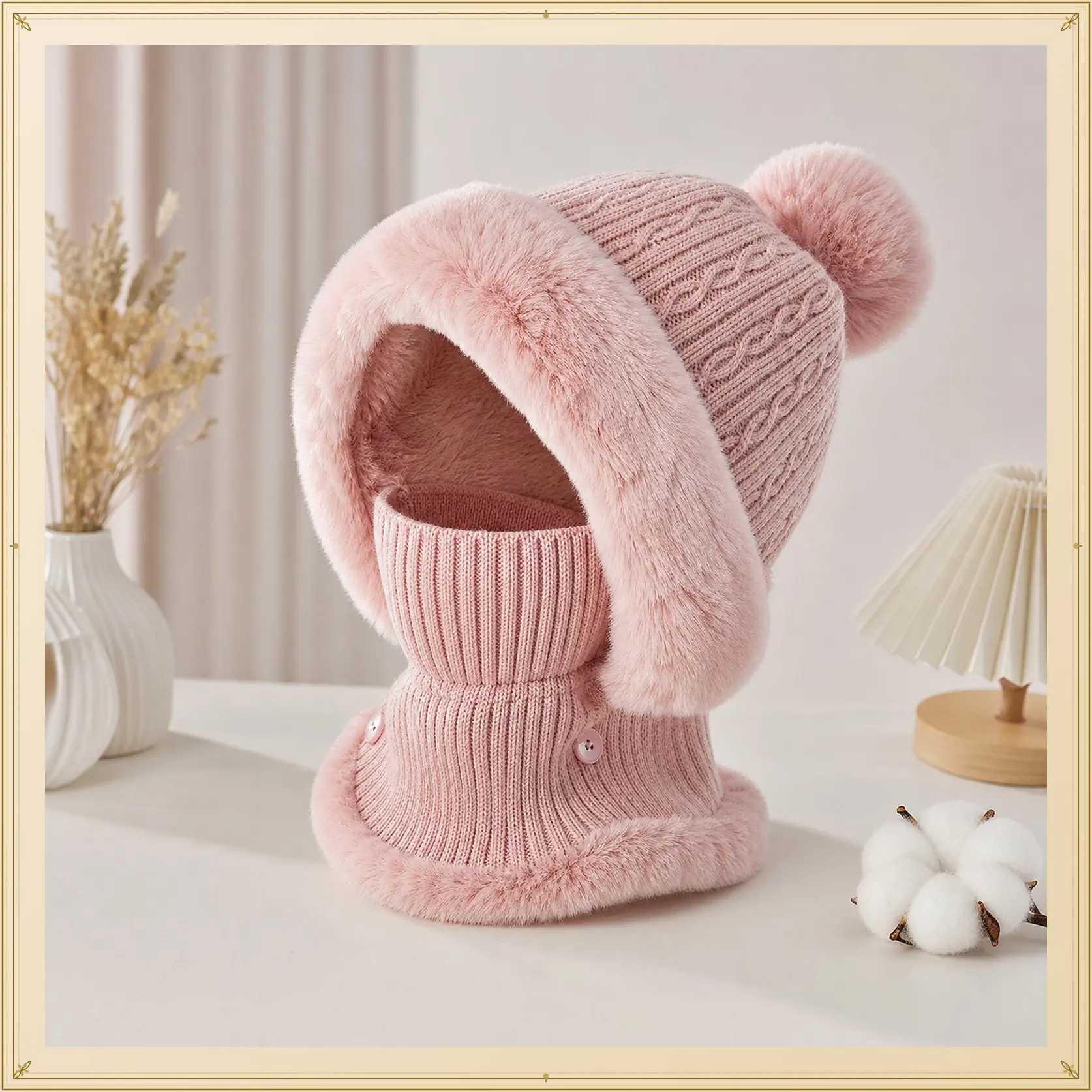 Womens Knit Beanie Hat Fleece Lined Winter Scarf Mask SetCaps Plush Earmuff  Hats with Pompom Knitwear Bonnet Hood Fashion Matching Hat High Quality Hat Stylish Hat