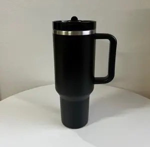 Stan Black 40oz Stainless Steel Insulated Tumbler With Stylish Double-V Line Design, Handle & Straw – Long-Lasting Hot & Cold Retention For Home, Office, Travel, And Car – Ideal Gift Choice  Drinkware Flasks Mug Bottles Bottled Portable Water Bottles