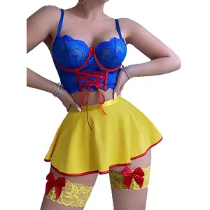 Women's Erotic Lingerie 4-Piece Set Teddy Bra Briefs with Leg Ring Sexy Lace Transparent Nightwear Blue Womenswear