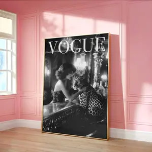 Trendy Magazine Poster, Woman with Leopard at Bar, Vintage Style