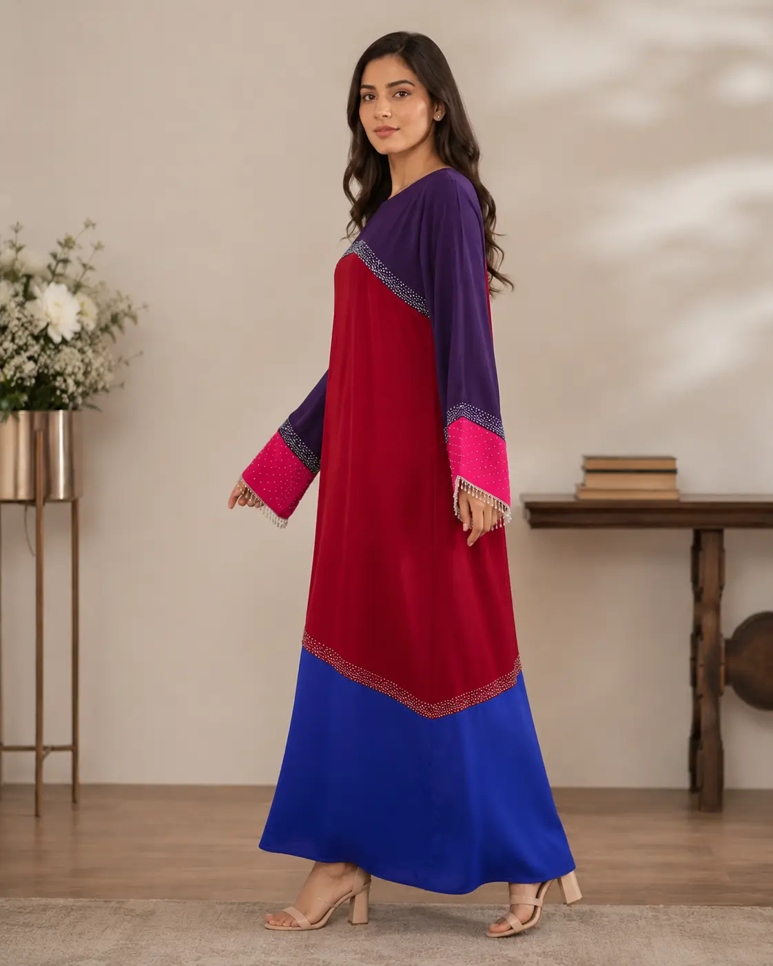 Tricolor Poka Fabric Dress Abaya with Stone Work and Lace Fringe