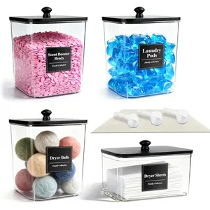 4 Pack Laundry Pods Container with Anti-slip mat, Clear Dryer Sheet Holder, Laundry Room Organization Containers with Black Wooden  & Labels, Laundry Detergent Holder for Scent Booster