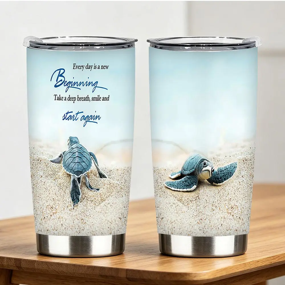 1 pc Seaside Theme Baby Sea Turtle Insulated Tumbler - Stainless Steel Motivational Quote Travel Mug, "Every Day is a New Beginning" Print, Sand & Light Blue Sky Design, 12/18/20/30/40 oz Positive Gift