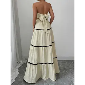 Women'S Elegant Off-Shoulder Strapless Maxi Skirt Set - Beige with Black Stripes, High-Waisted Flowy Skirt, Casual Polyester Blend, Perfect for Spring/Summer, Casual Attire|Strapless Top|Polyester Blend Womenswear Clothes Fabric Suits
