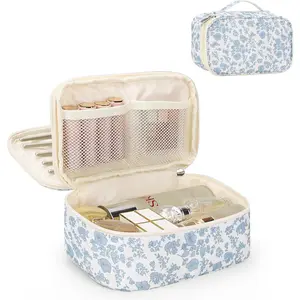 Relavel Travel Makeup Bag, Small Floral Cosmetic Bag with Makeup Brush Compartment, Portable Makeup Pouch for Women, Double Layer Makeup Organizer Bag Cute Toiletry Bag