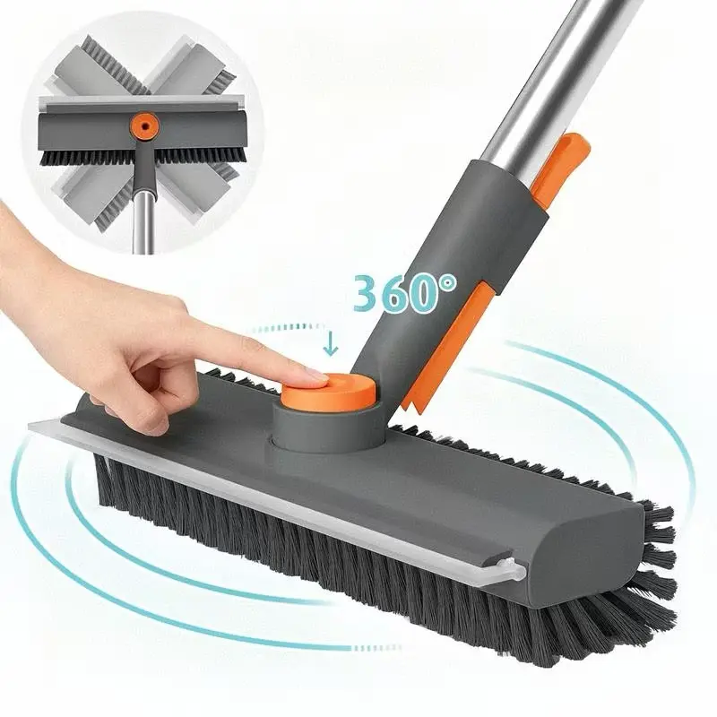 3-in-1 Floor Scrub Bathtub Brush with Long Handle, Double-Sided Heavy-Duty Stiff Bristles & Squeegee - Floor Brush for Bathroom, Patio, Home Cleaning Essentials