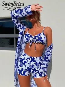 Briza｜Ruched Tie Front Blue White Retro Swimwear High Waisted Bikini Sets With Swim Shorts Set Women Love, A Two-Piece Swimsuit With Swimsuit Cover Up For Women And Vacation Swimwear For Women As Bathing Suits For Women For Beach Confidence