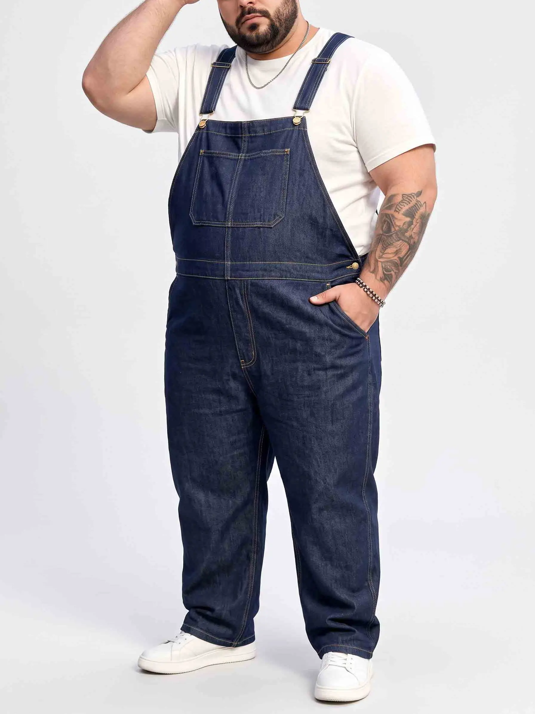 Men's Big & Tall Denim Bib Overalls - Menswear Clothes, Plus Size Loose Straight Leg Workwear Jumpsuit with Multi Pockets, Beige Streetwear Bottoms
