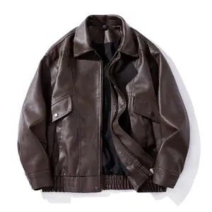 BIGWIG men's autumn and winter casual faux leather bomber jacket, fashionable modern motorcycle flight jacket, leather clothing, casual loose soft motorcycle jacket, lapel button zipper long sleeve with pocket jacket, PU leather jacket
