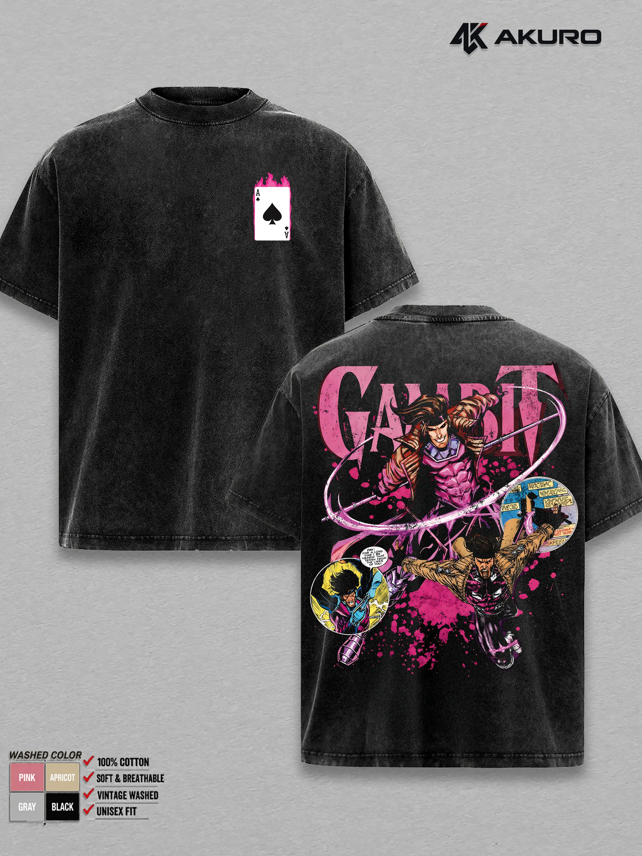 Gambit Hero Double Printed Oversize Hoodie Tshirt Acid Washed Tee, TV Show Graphic Top Cotton Gift T-Shirt For Comic Lover, Gift T-Shirt For Movie Lover Men's Regular Fit Floral Print Tee streetwear